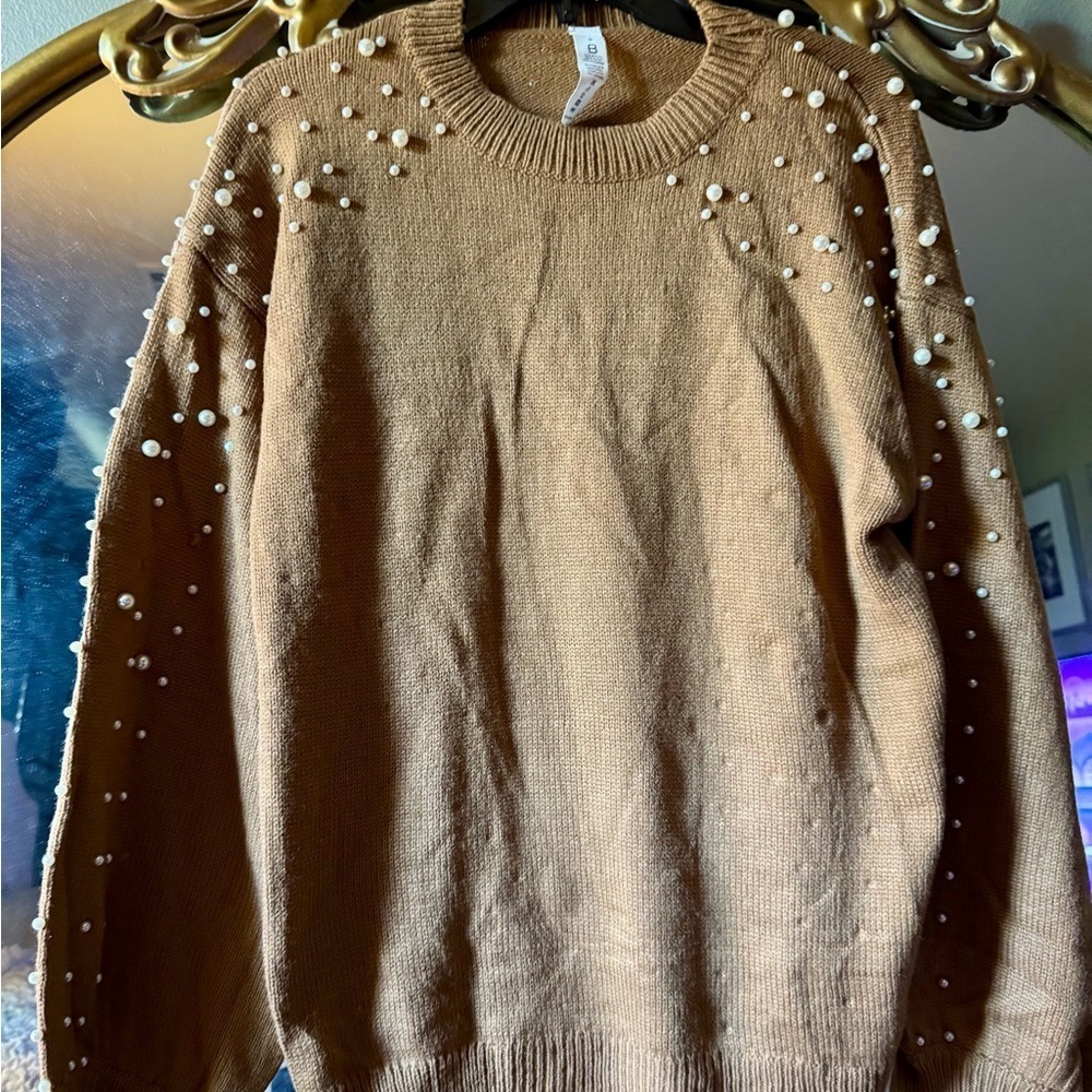 Brown/tan Pearl-Embellished Women's Sweater - Picture 2 of 6
